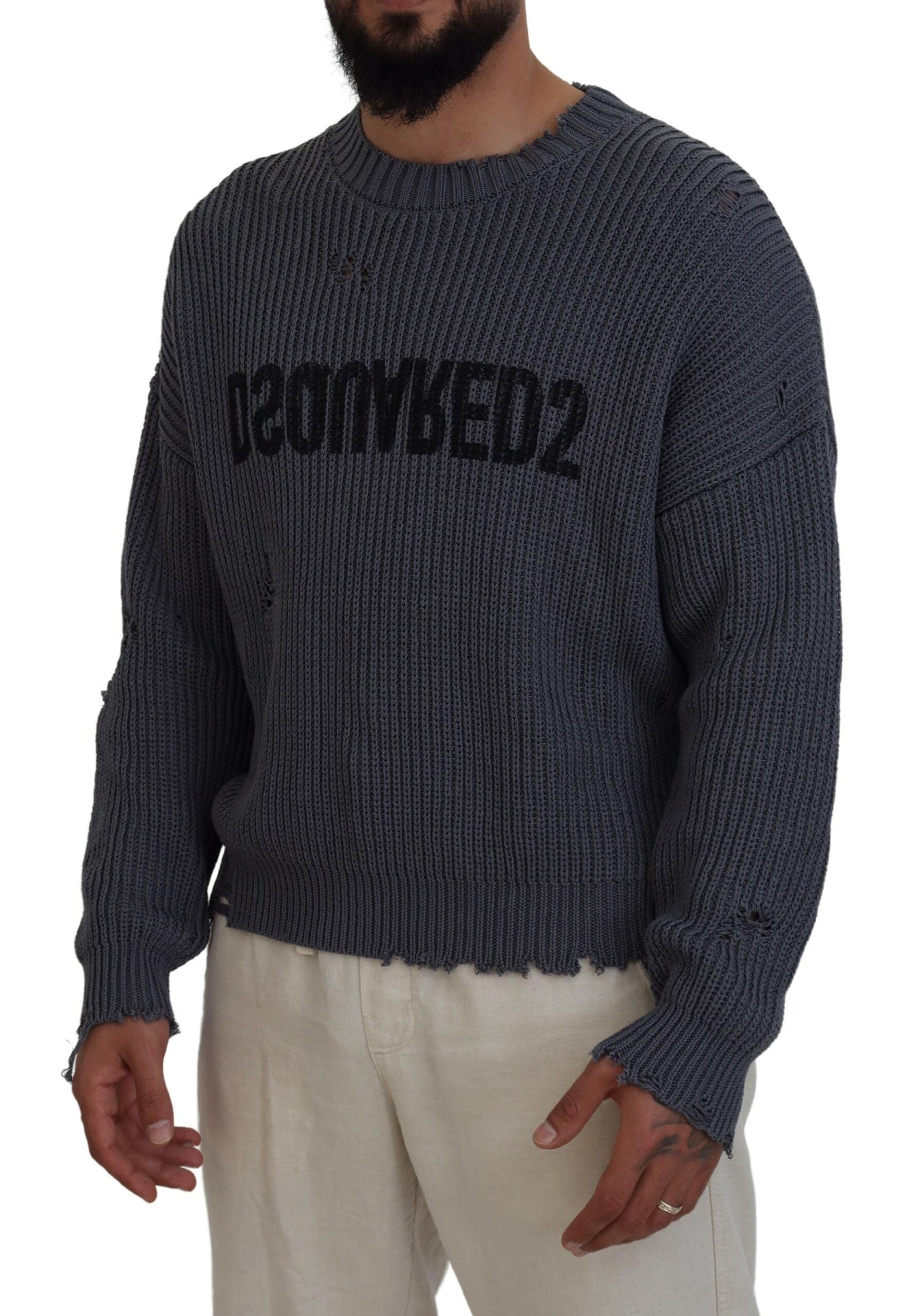 Grijze Heren Gerafelde Gebreide Pullover Trui