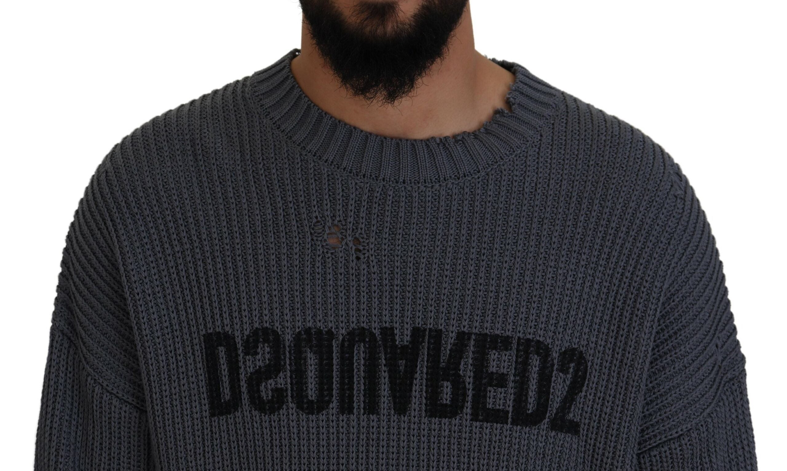 Grijze Heren Gerafelde Gebreide Pullover Trui
