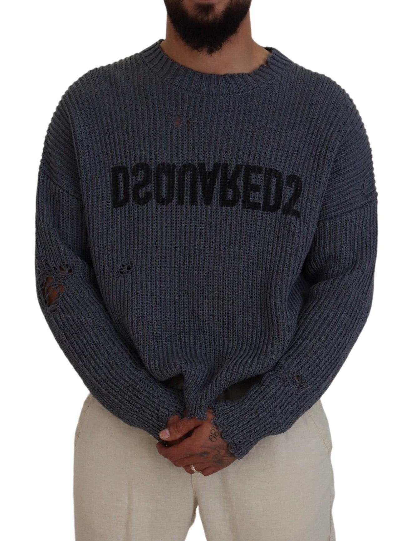 Grijze Heren Gerafelde Gebreide Pullover Trui