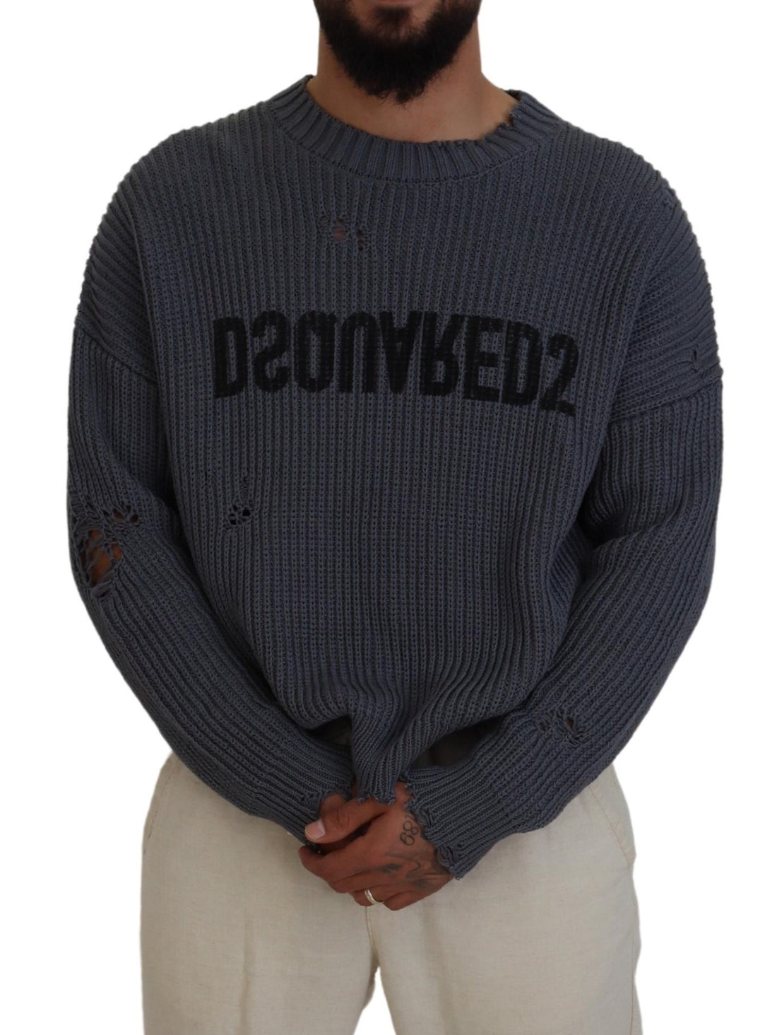 Grijze Heren Gerafelde Gebreide Pullover Trui