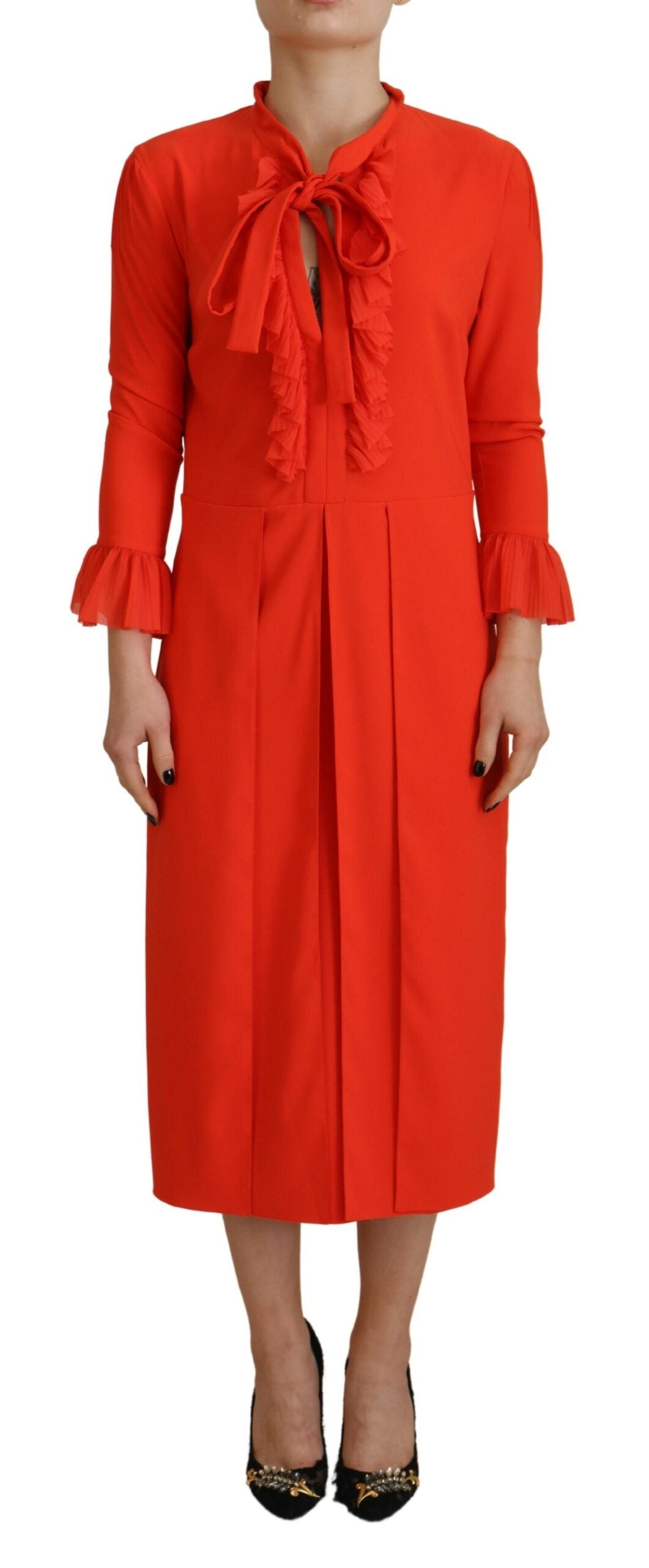 Rode Polyester Jurk met Plooirok en Lange Mouwen