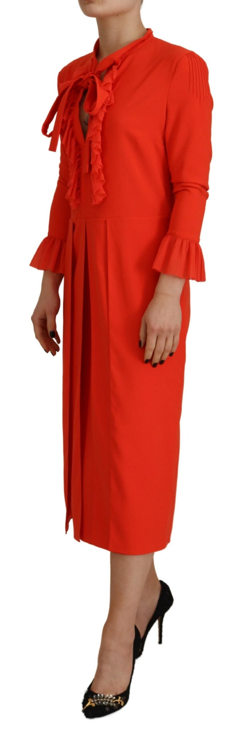 Rode Polyester Jurk met Plooirok en Lange Mouwen