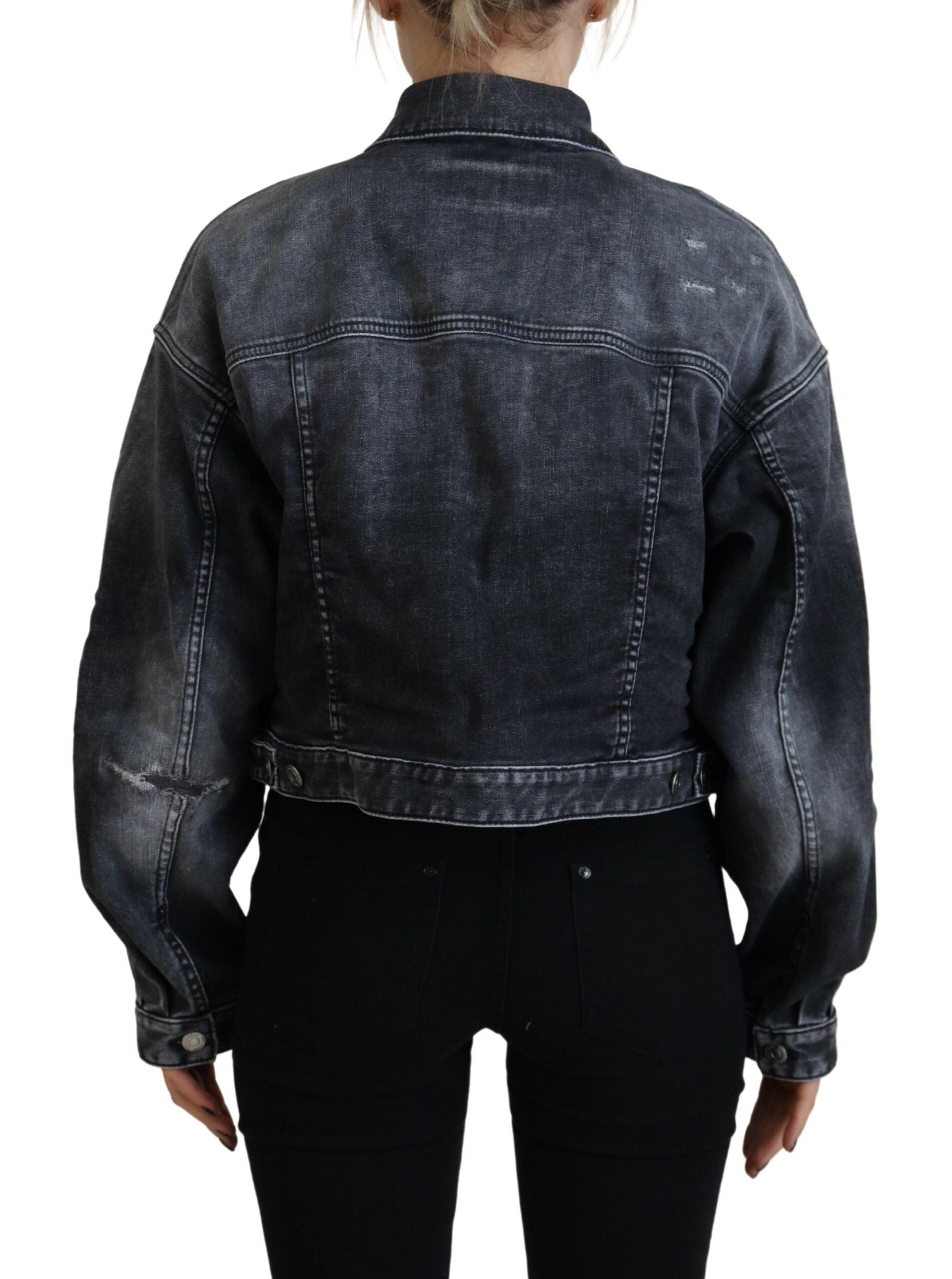 Grijze Washed Katoenen Cropped Denim Jas