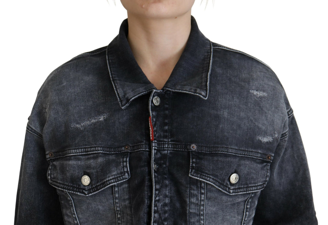 Grijze Washed Katoenen Cropped Denim Jas
