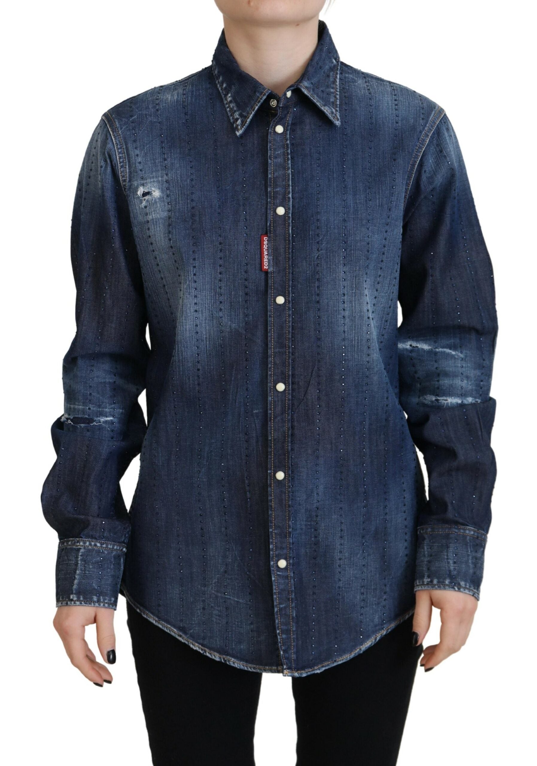 Blauwe doorgewassen katoenen spijkerblouse met knoopsluiting en kraag