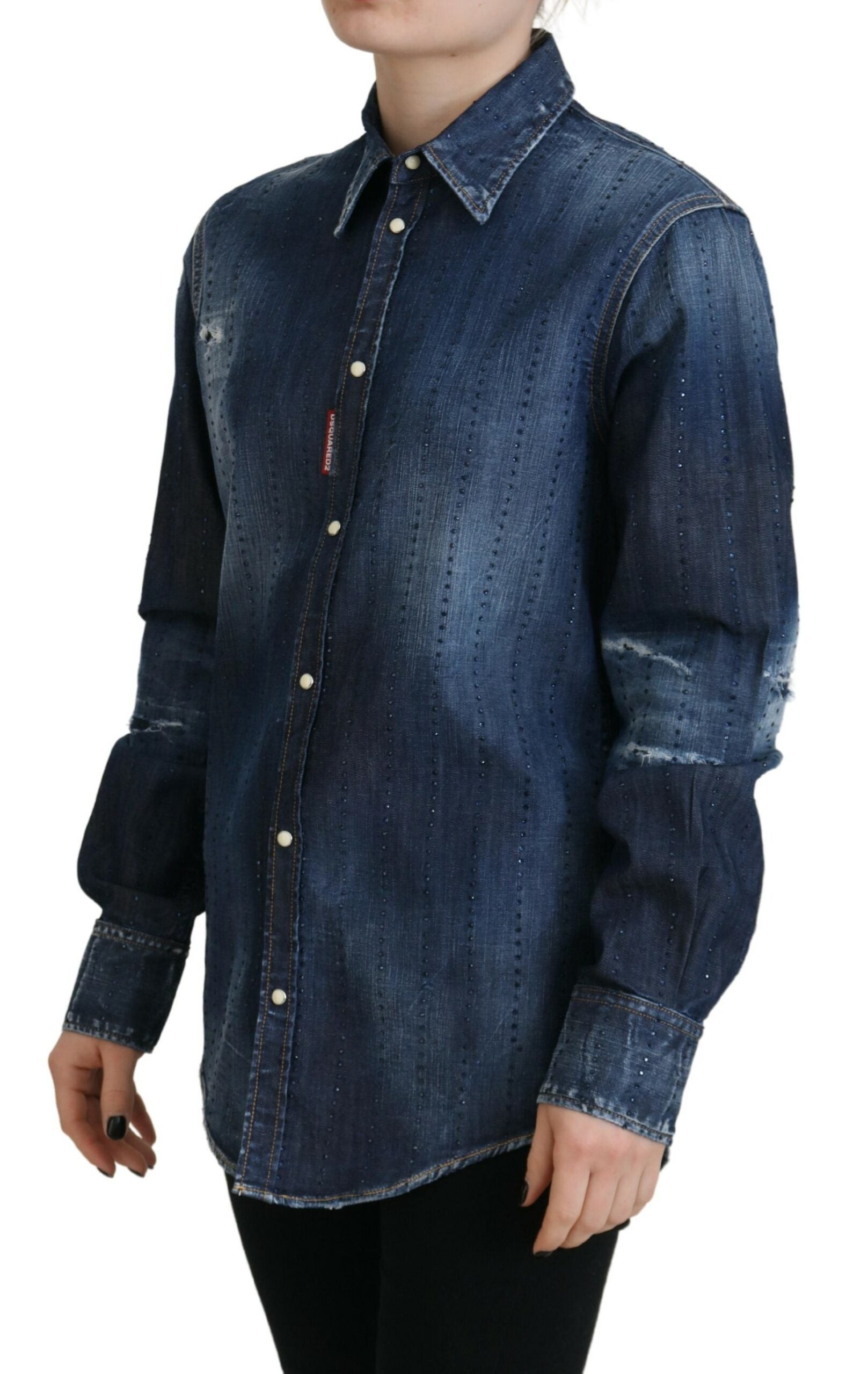 Blauwe doorgewassen katoenen spijkerblouse met knoopsluiting en kraag