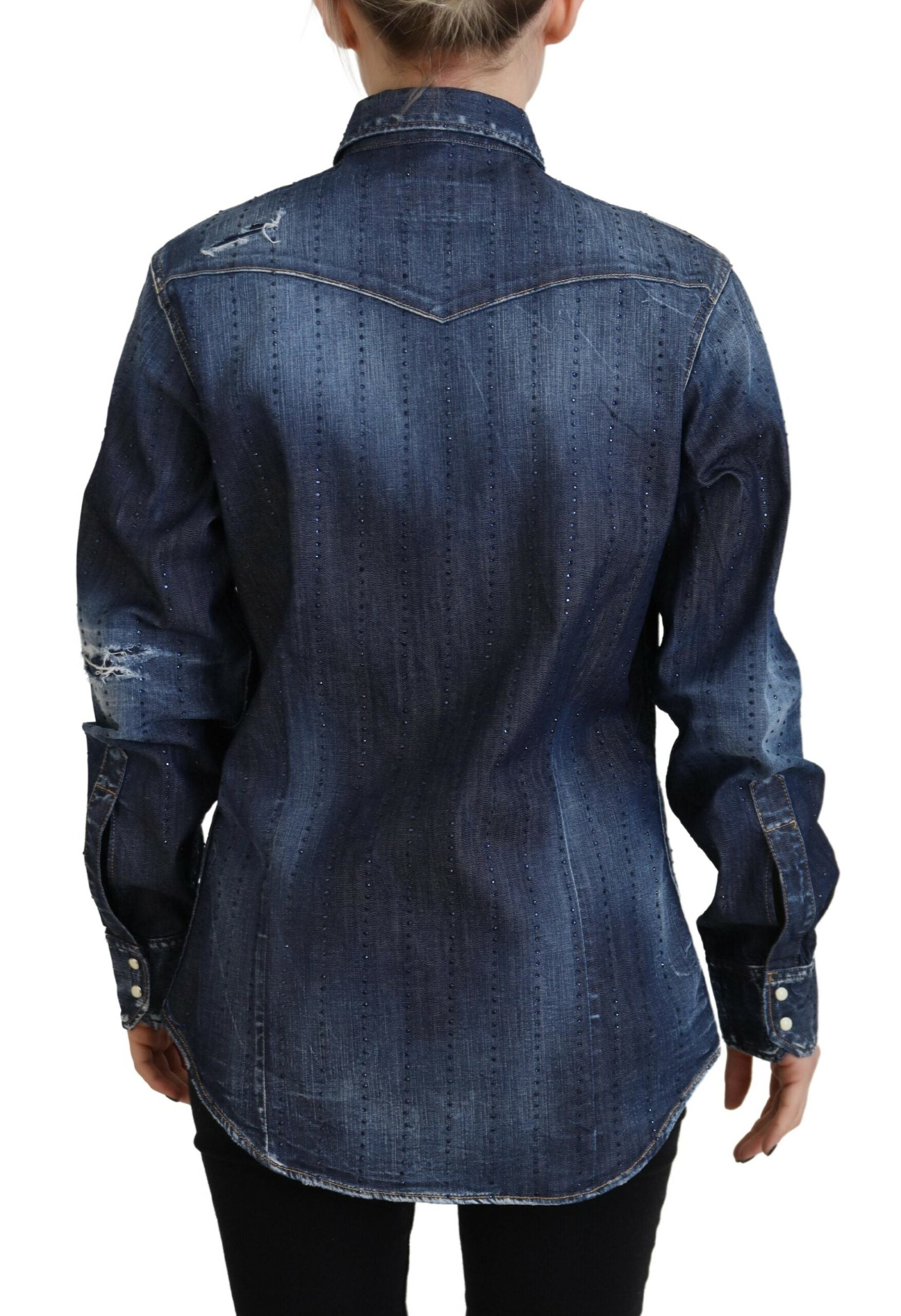 Blauwe doorgewassen katoenen spijkerblouse met knoopsluiting en kraag