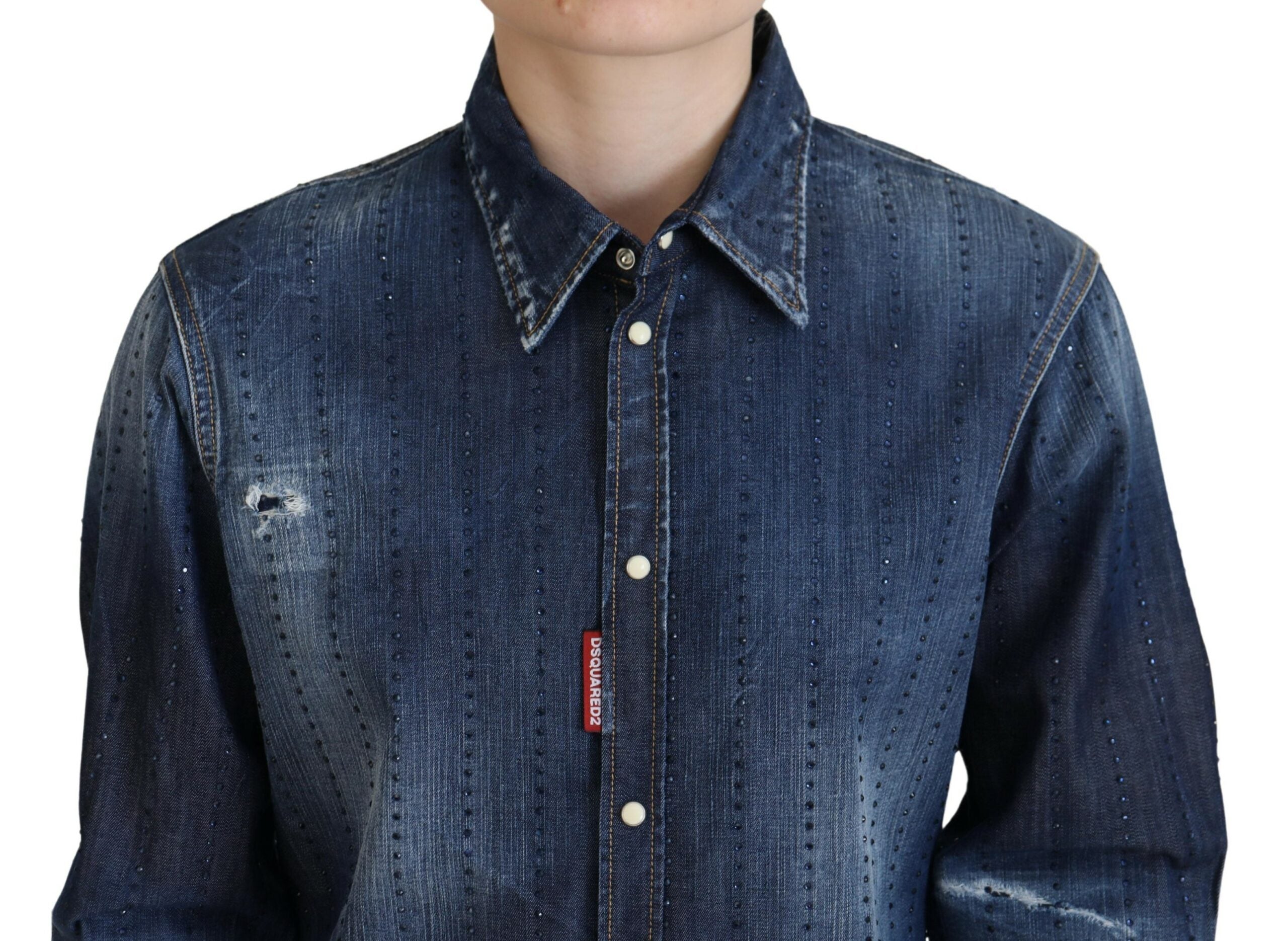 Blauwe doorgewassen katoenen spijkerblouse met knoopsluiting en kraag