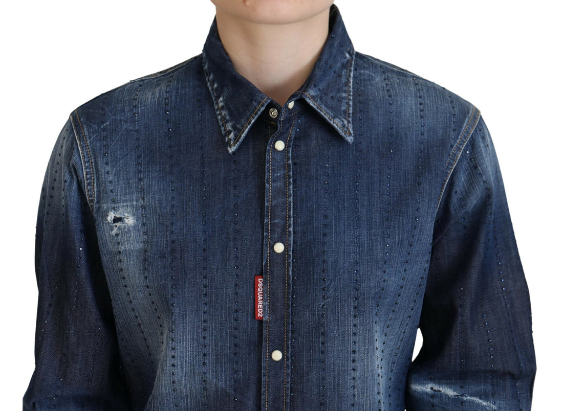 Blauwe doorgewassen katoenen spijkerblouse met knoopsluiting en kraag
