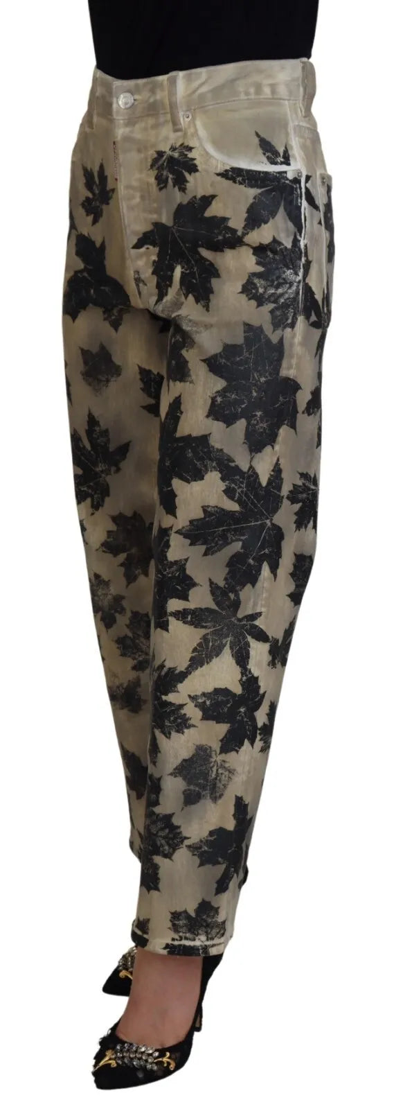 Beige Leaves Katoenen High Waist Denim Jeans Boston