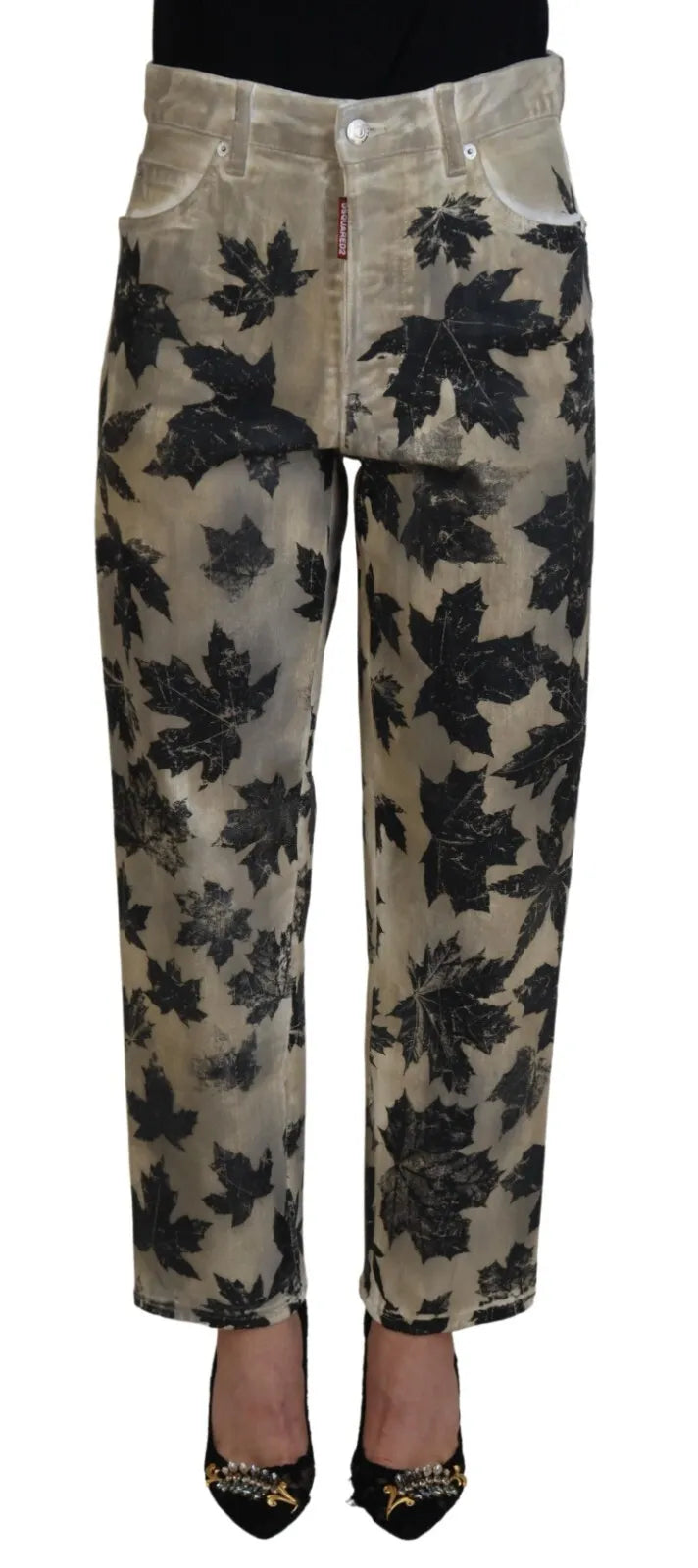 Beige Leaves Katoenen High Waist Denim Jeans Boston
