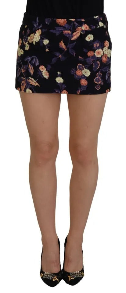 Zwarte geborduurde A-lijn minirok met bloemen en middelhoge taille
