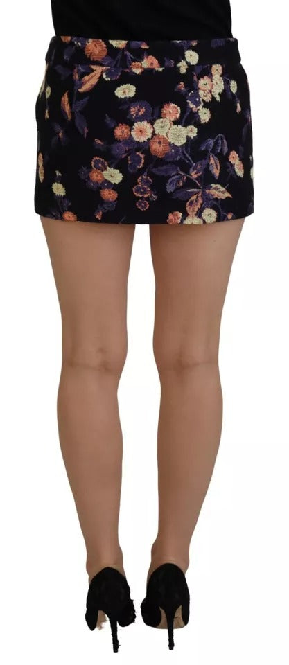 Zwarte geborduurde A-lijn minirok met bloemen en middelhoge taille