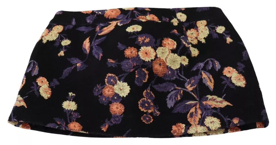 Zwarte geborduurde A-lijn minirok met bloemen en middelhoge taille