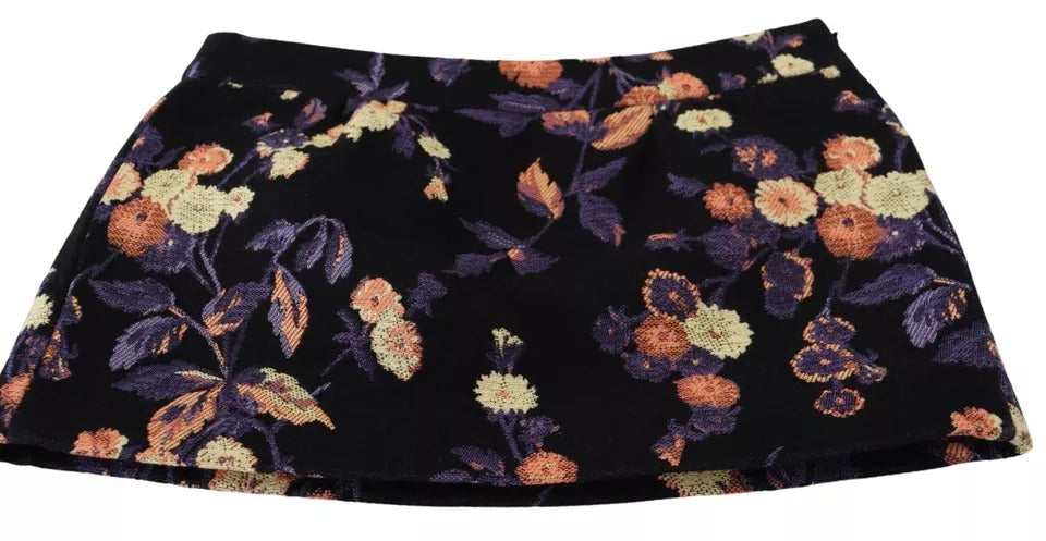 Zwarte geborduurde A-lijn minirok met bloemen en middelhoge taille