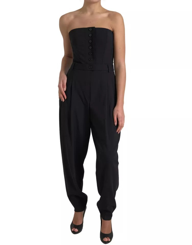 Zwarte wollen strapless jumpsuitjurk met stretch