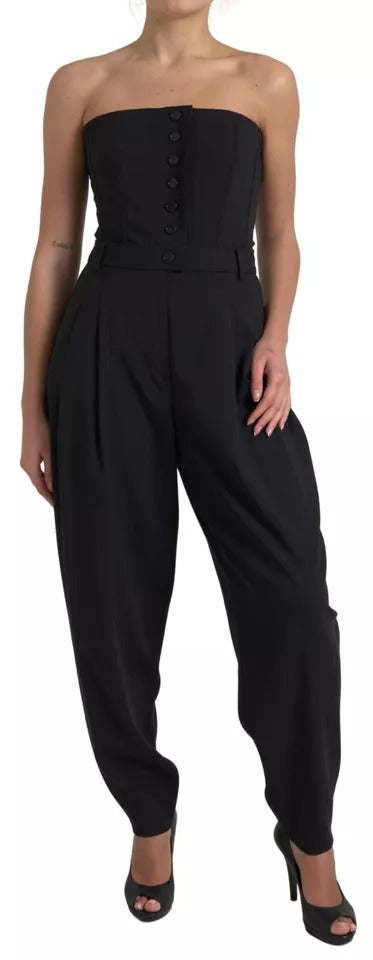 Zwarte wollen strapless jumpsuitjurk met stretch