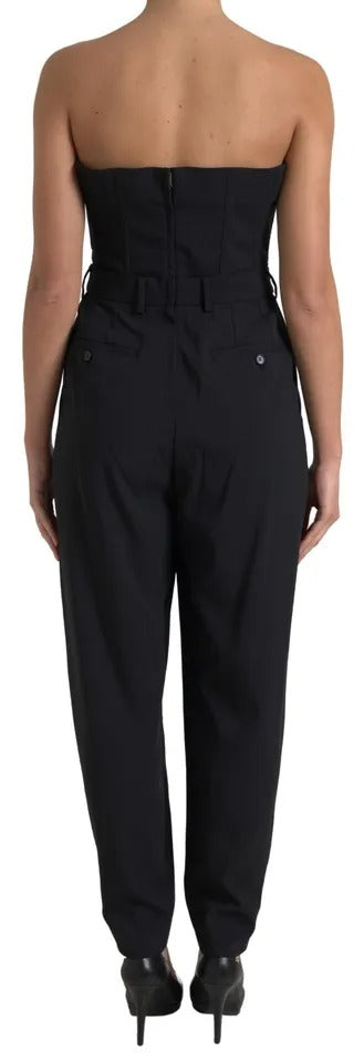 Zwarte wollen strapless jumpsuitjurk met stretch