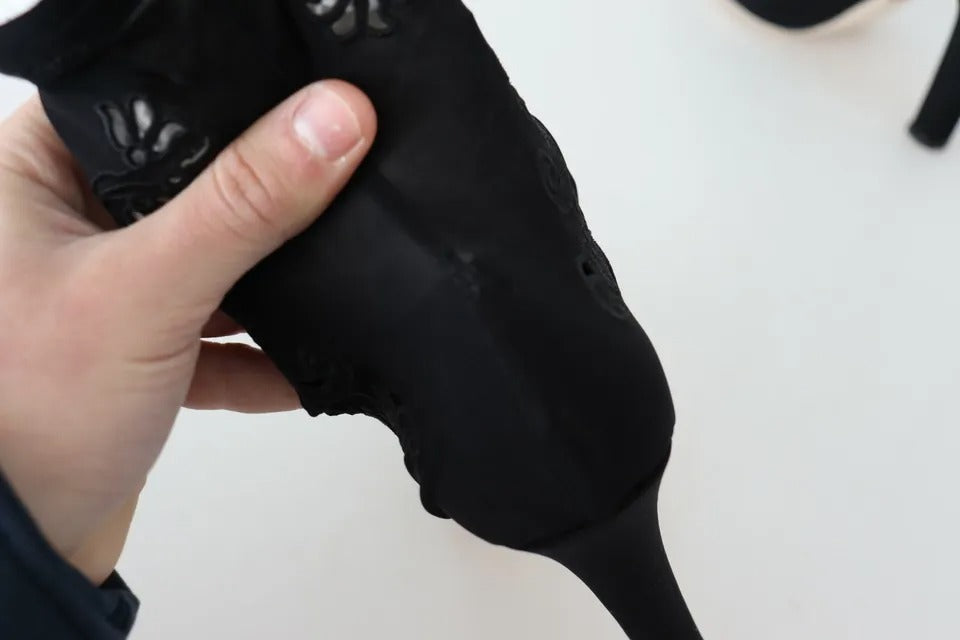 Zwarte Stretch Pumps Laarzen Bloemen Kant Schoenen