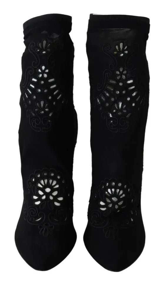 Zwarte Stretch Pumps Laarzen Bloemen Kant Schoenen