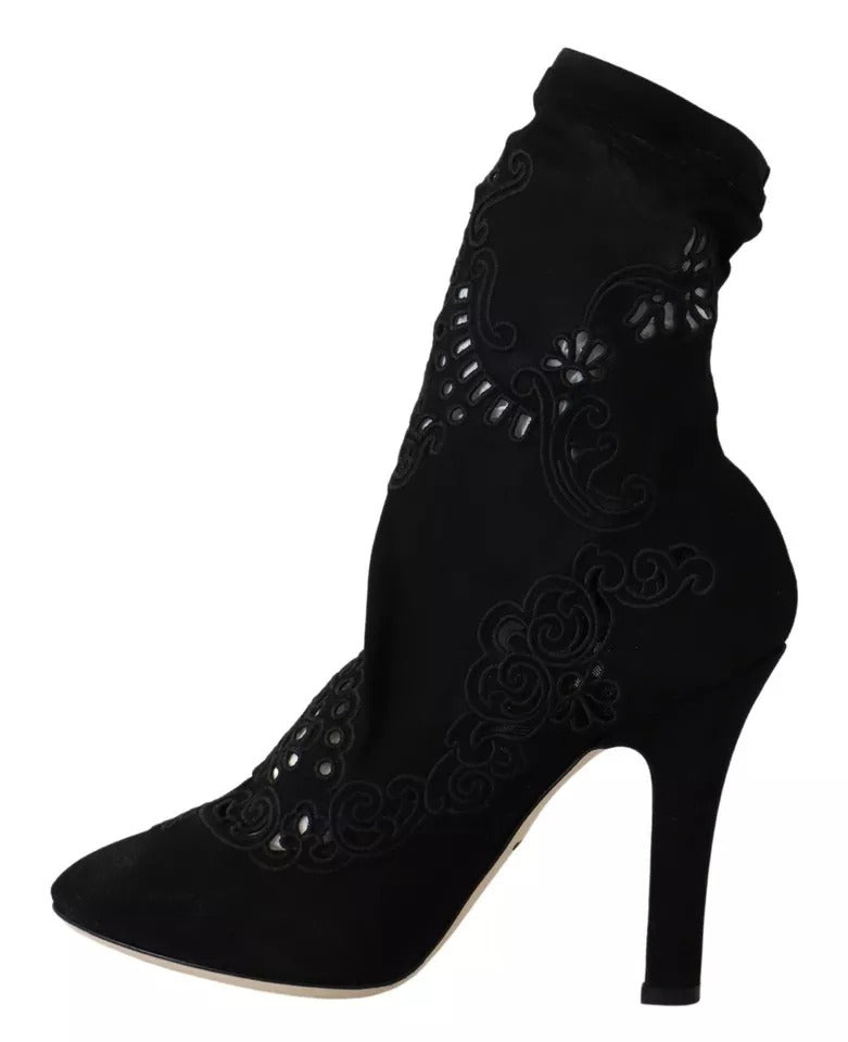 Zwarte Stretch Pumps Laarzen Bloemen Kant Schoenen