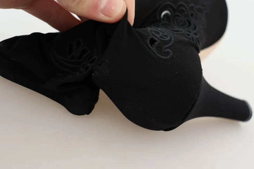 Zwarte Stretch Pumps Laarzen Bloemen Kant Schoenen