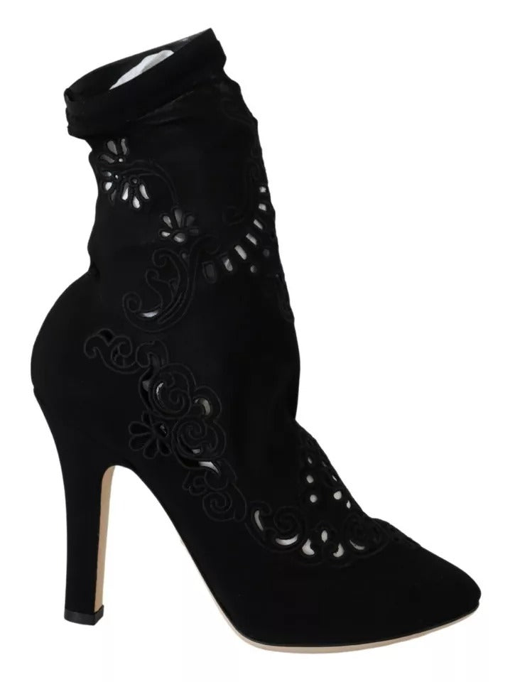 Zwarte Stretch Pumps Laarzen Bloemen Kant Schoenen