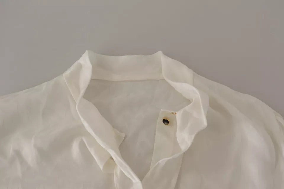 Dolce & Gabbana White Patterned Silk Ascot Collar Blouse Top