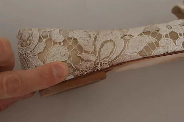 Dolce & Gabbana Beige Lace Crystal Ballet Flats Loafers Shoes