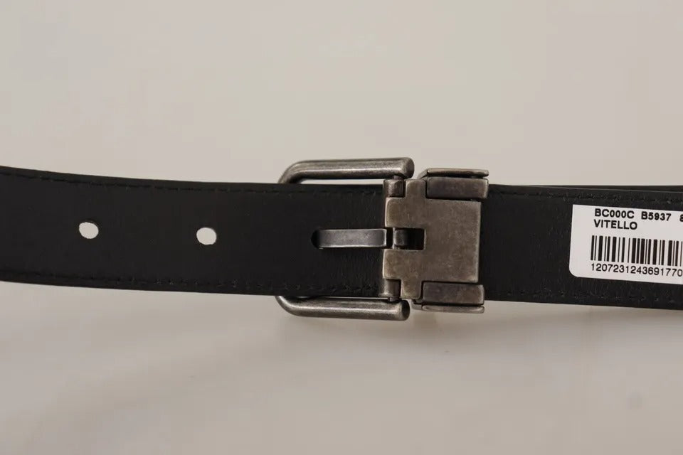 Zwarte Leren Riem met Vintage Logo en Metalen Gesp