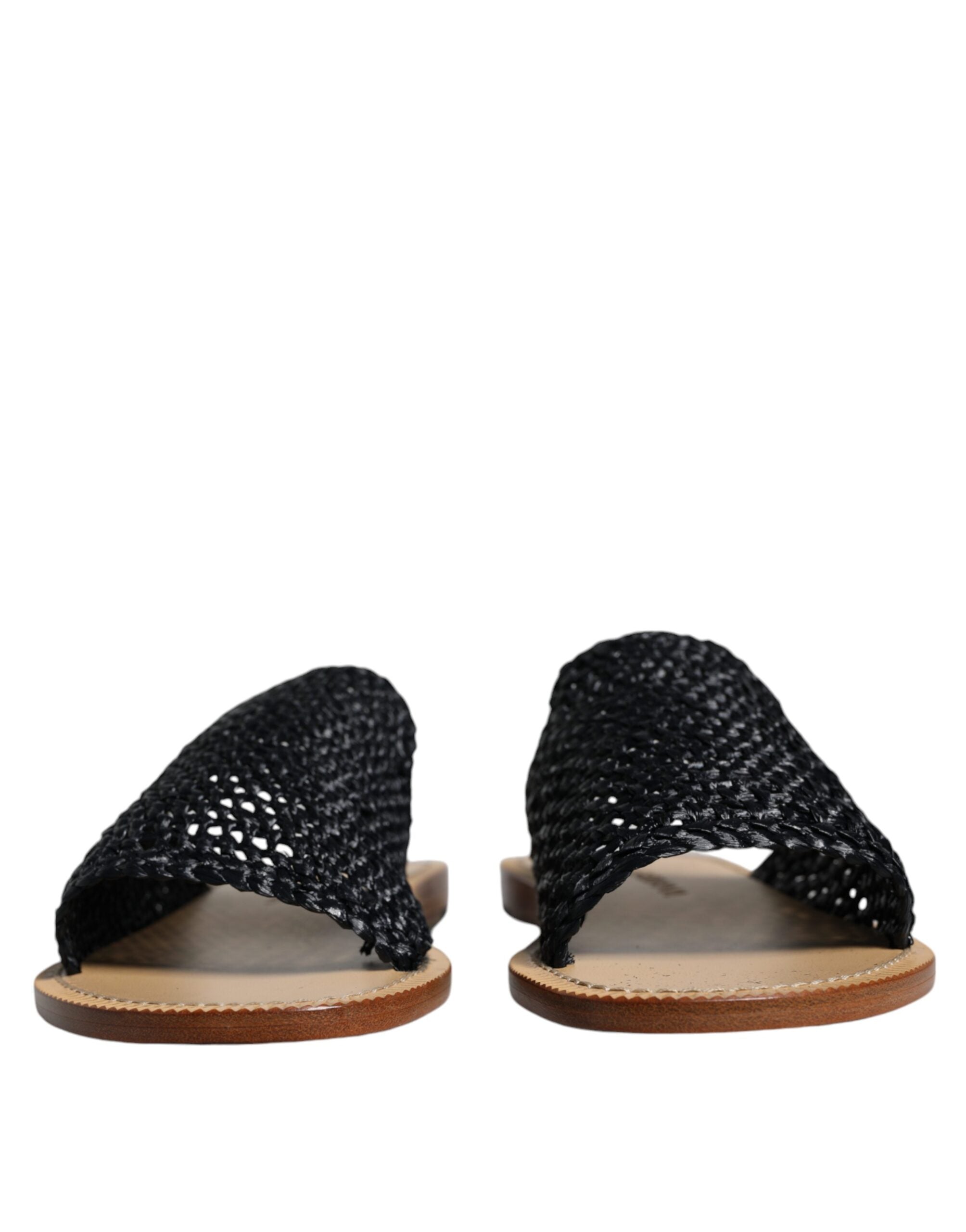 Zwarte Monochroom Gevlochten Raffia Slides Schoenen