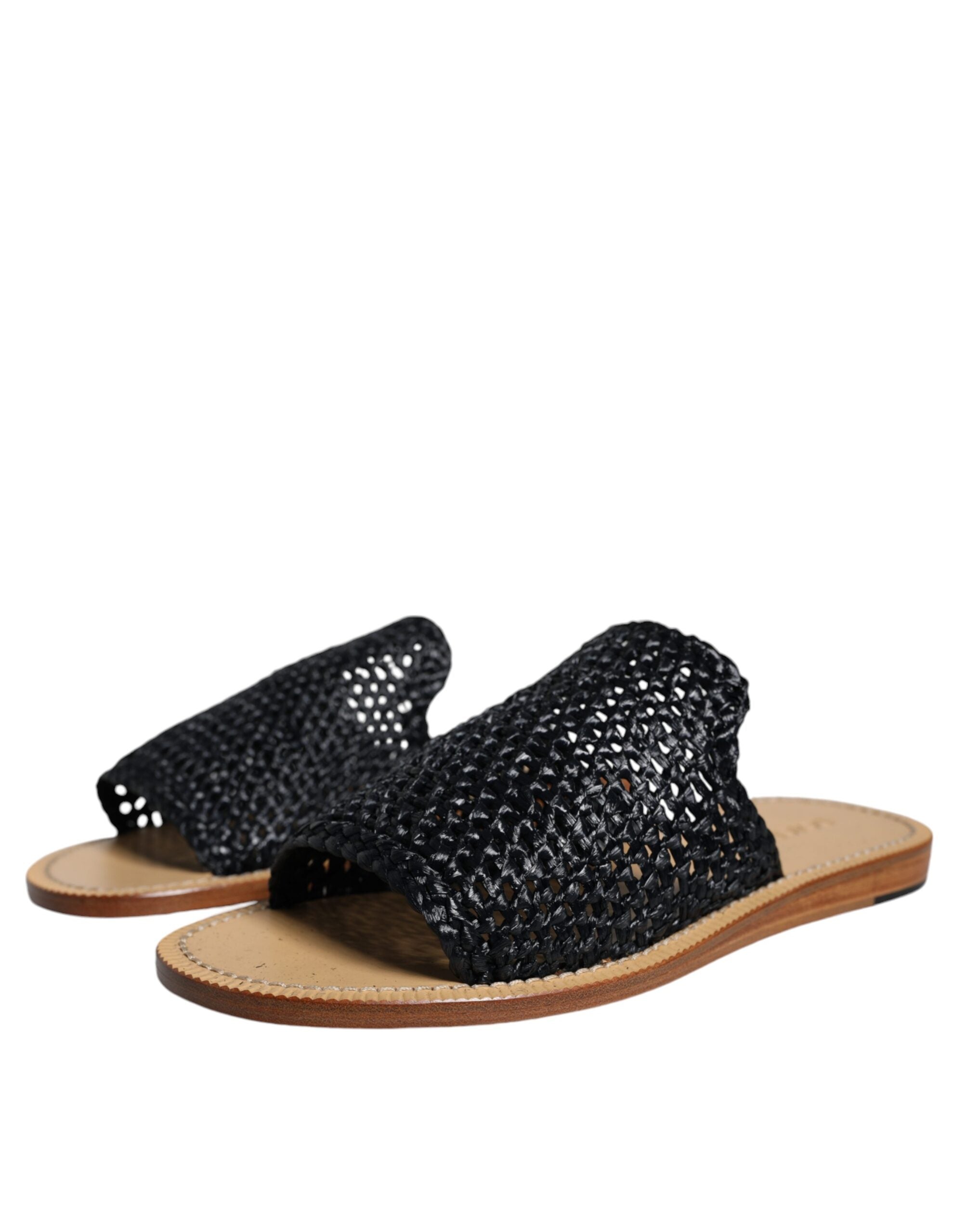 Zwarte Monochroom Gevlochten Raffia Slides Schoenen