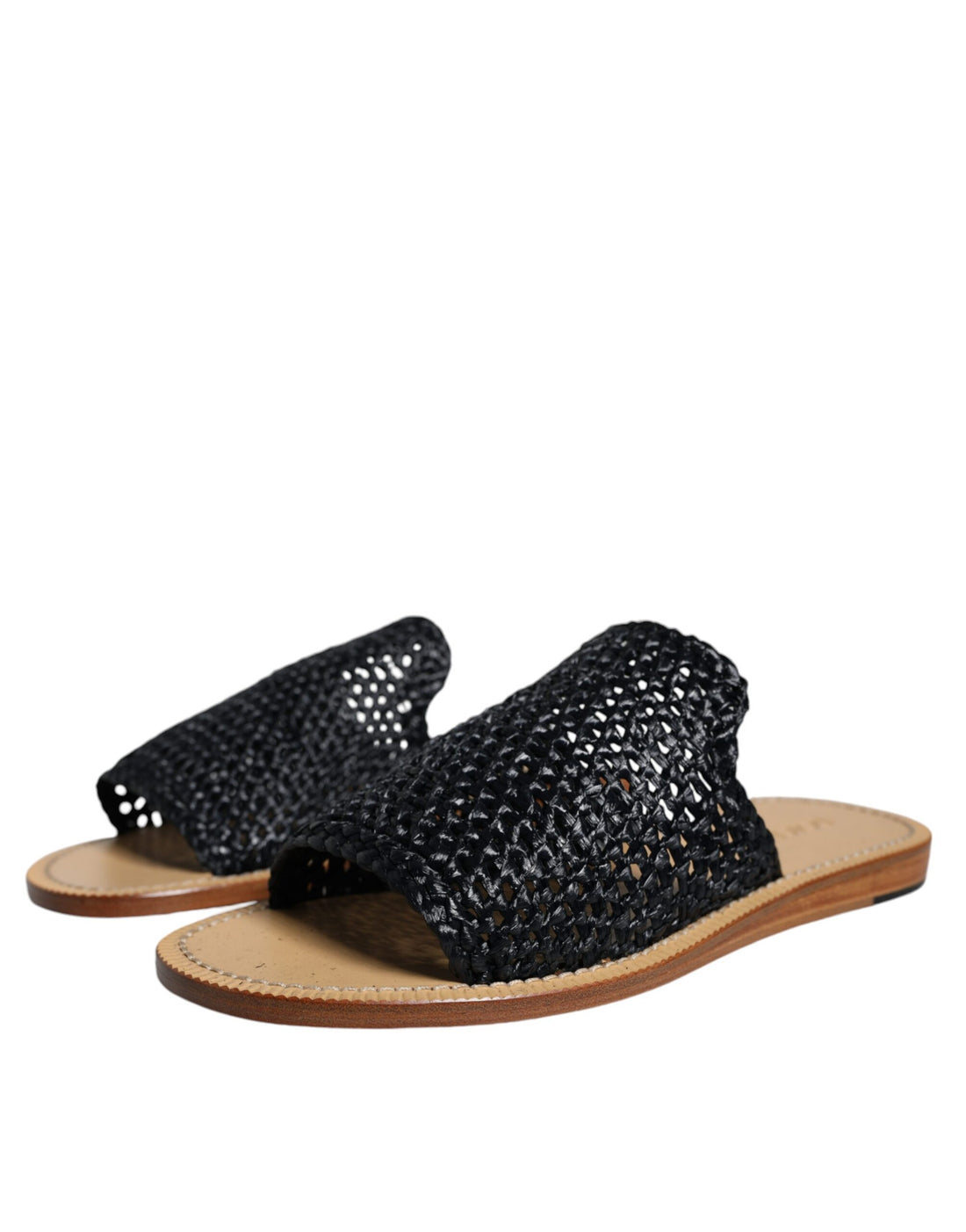 Zwarte Monochroom Gevlochten Raffia Slides Schoenen