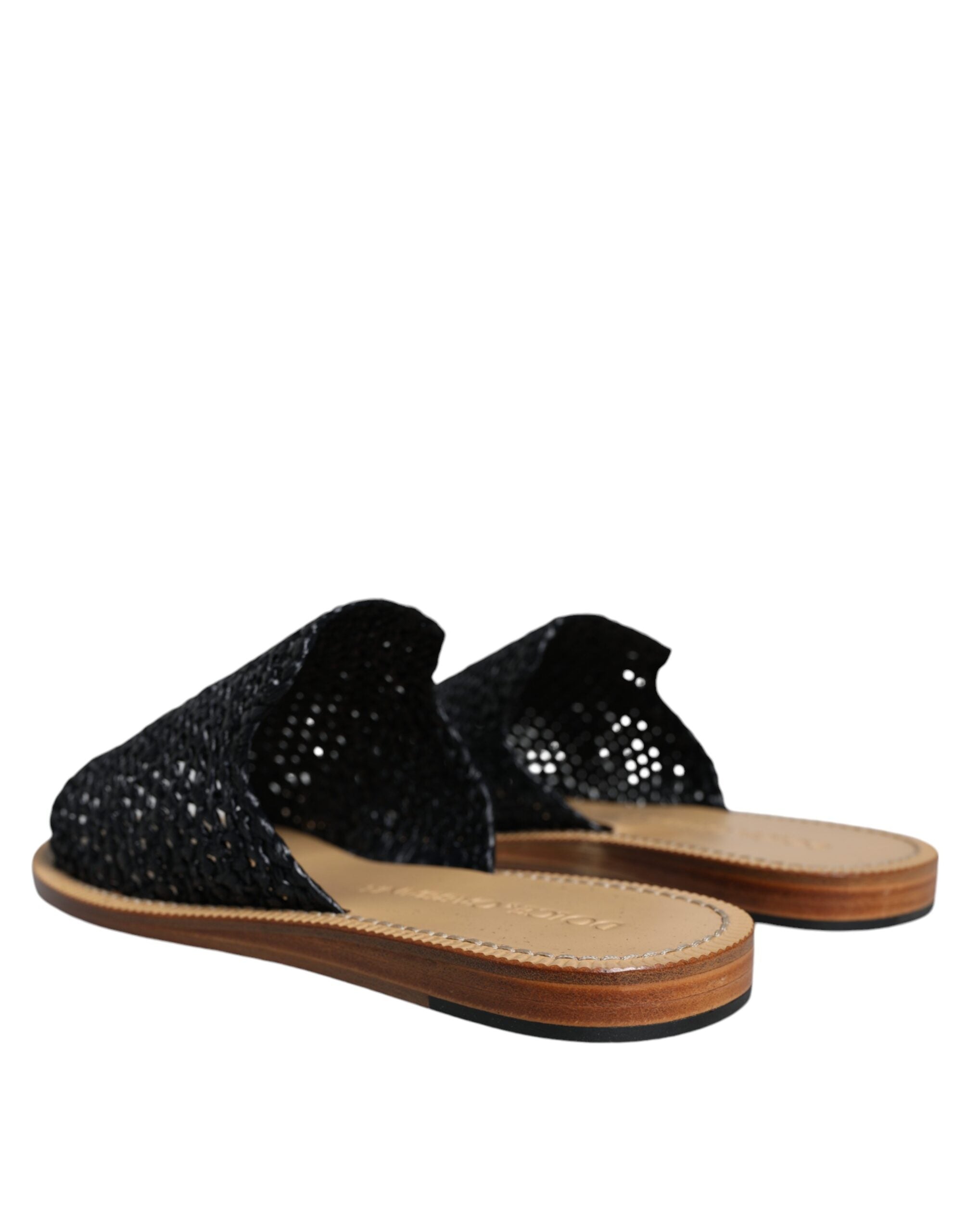 Zwarte Monochroom Gevlochten Raffia Slides Schoenen