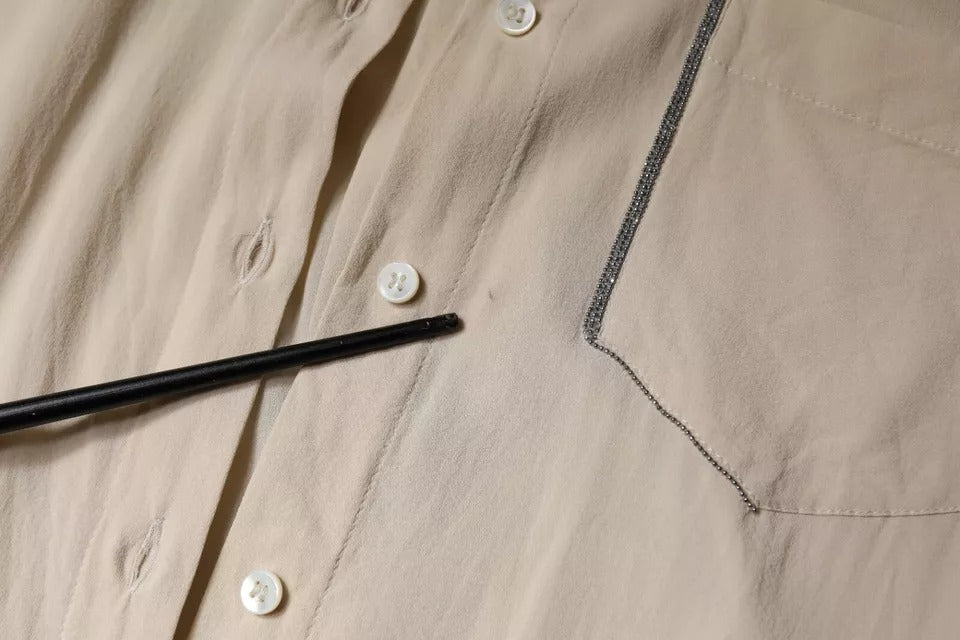 Brunello Cucinelli Beige Silk Blend Collared Button Down Top