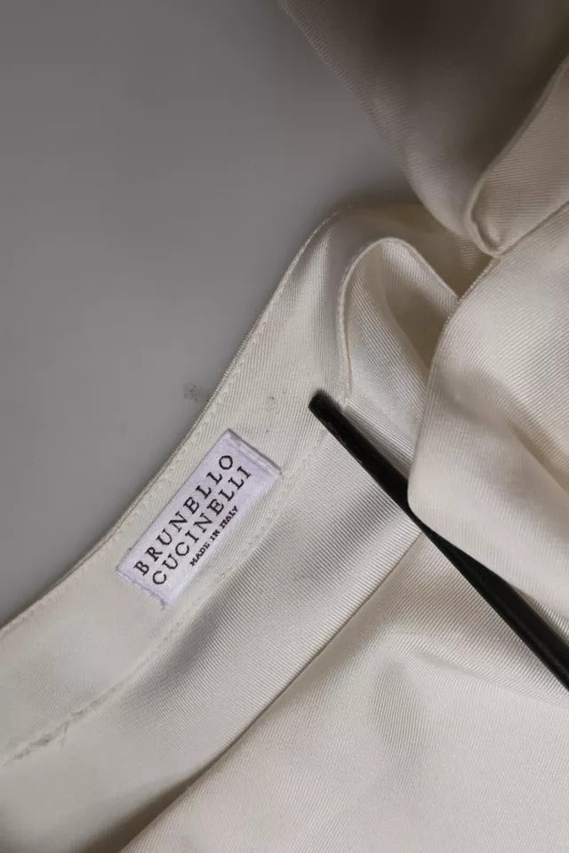 Brunello Cucinelli Beige Silk Ascot Collared Long Sleeves Top