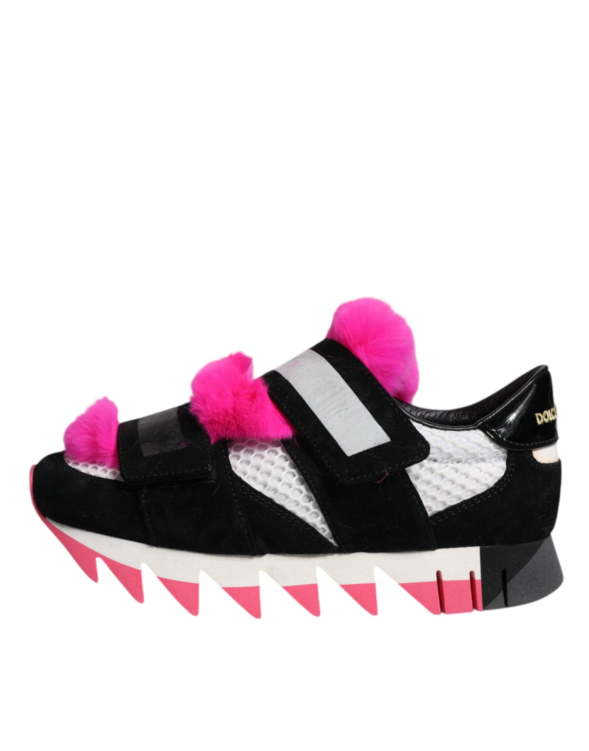 Zwarte Roze Sneakers met Bontversiering
