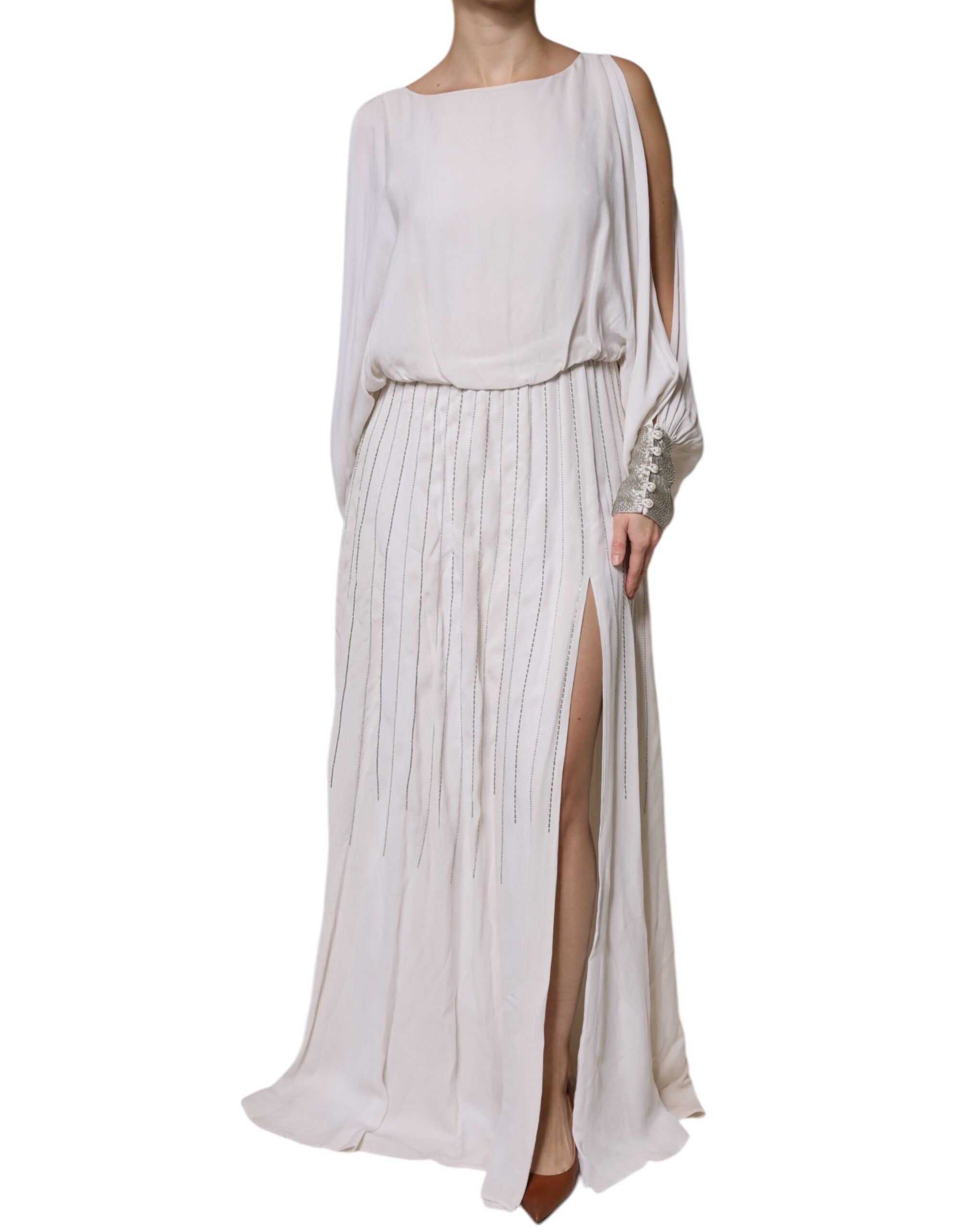 Gebroken Witte Lange Maxi Jurk met Versieringen