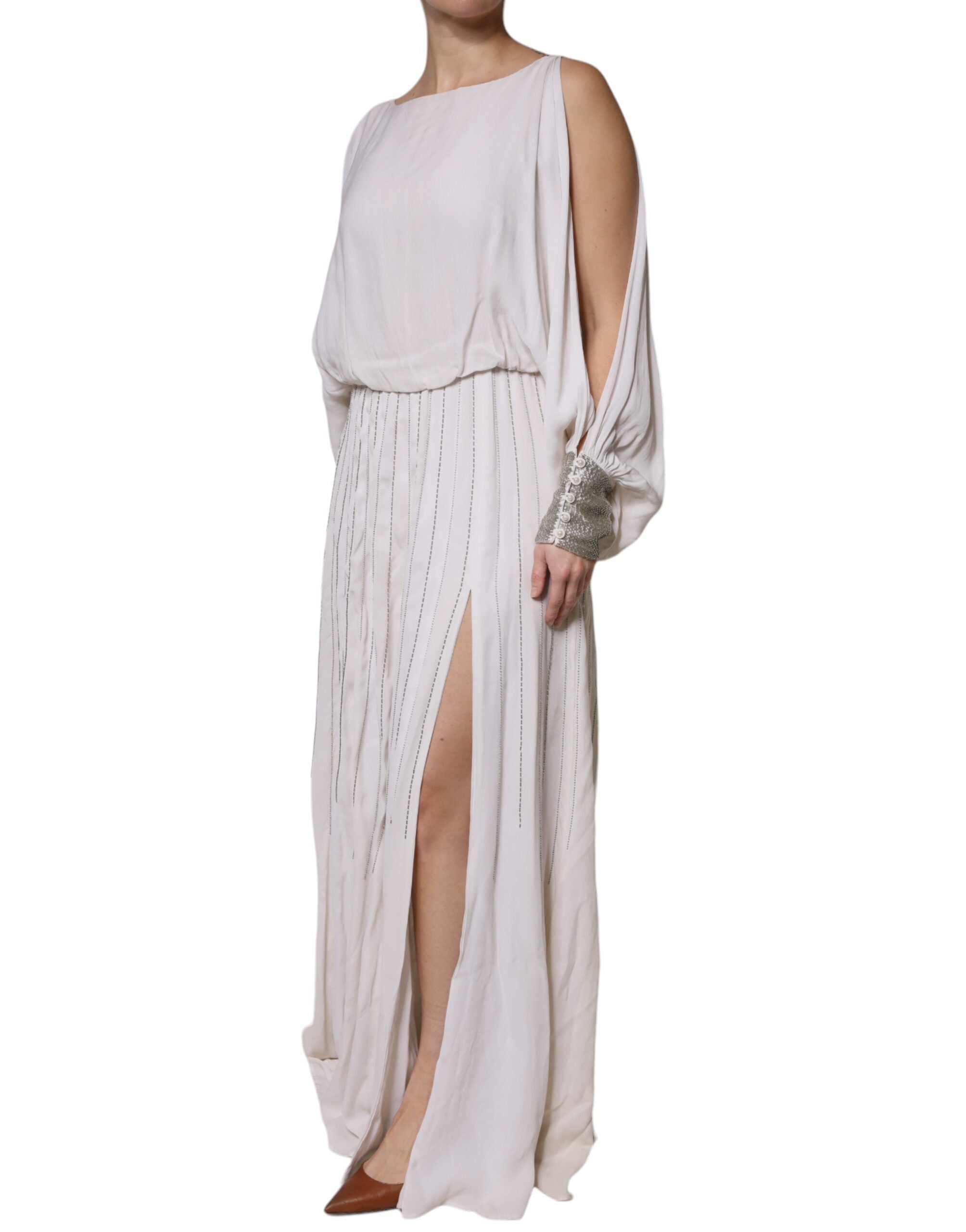 Gebroken Witte Lange Maxi Jurk met Versieringen