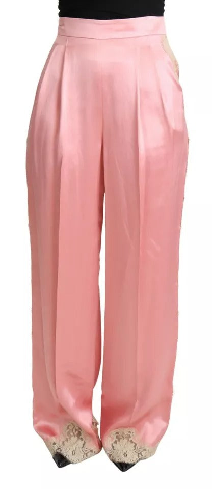 Roze zijden satijnen wide leg broek met kanten boorden