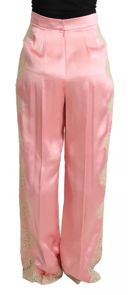 Roze zijden satijnen wide leg broek met kanten boorden