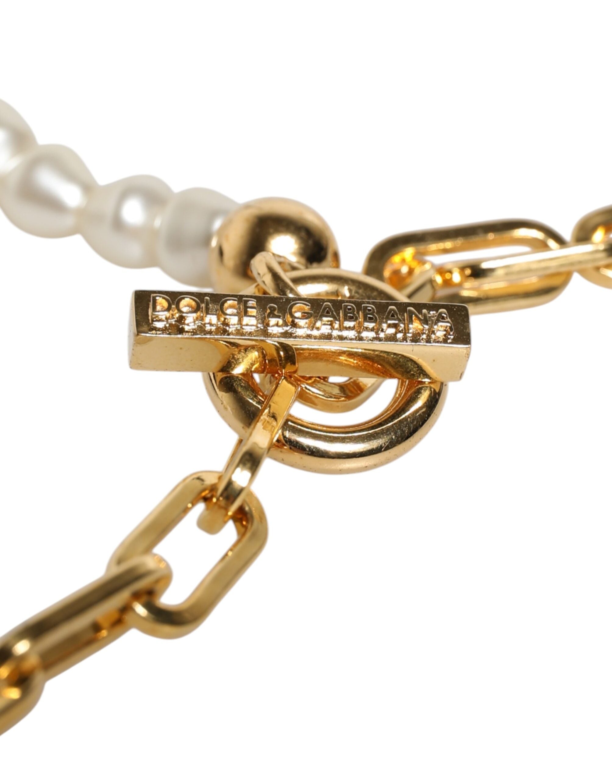 Dolce & Gabbana Gold Chain Brass Faux Pearl Charm Logo Pendant Necklace