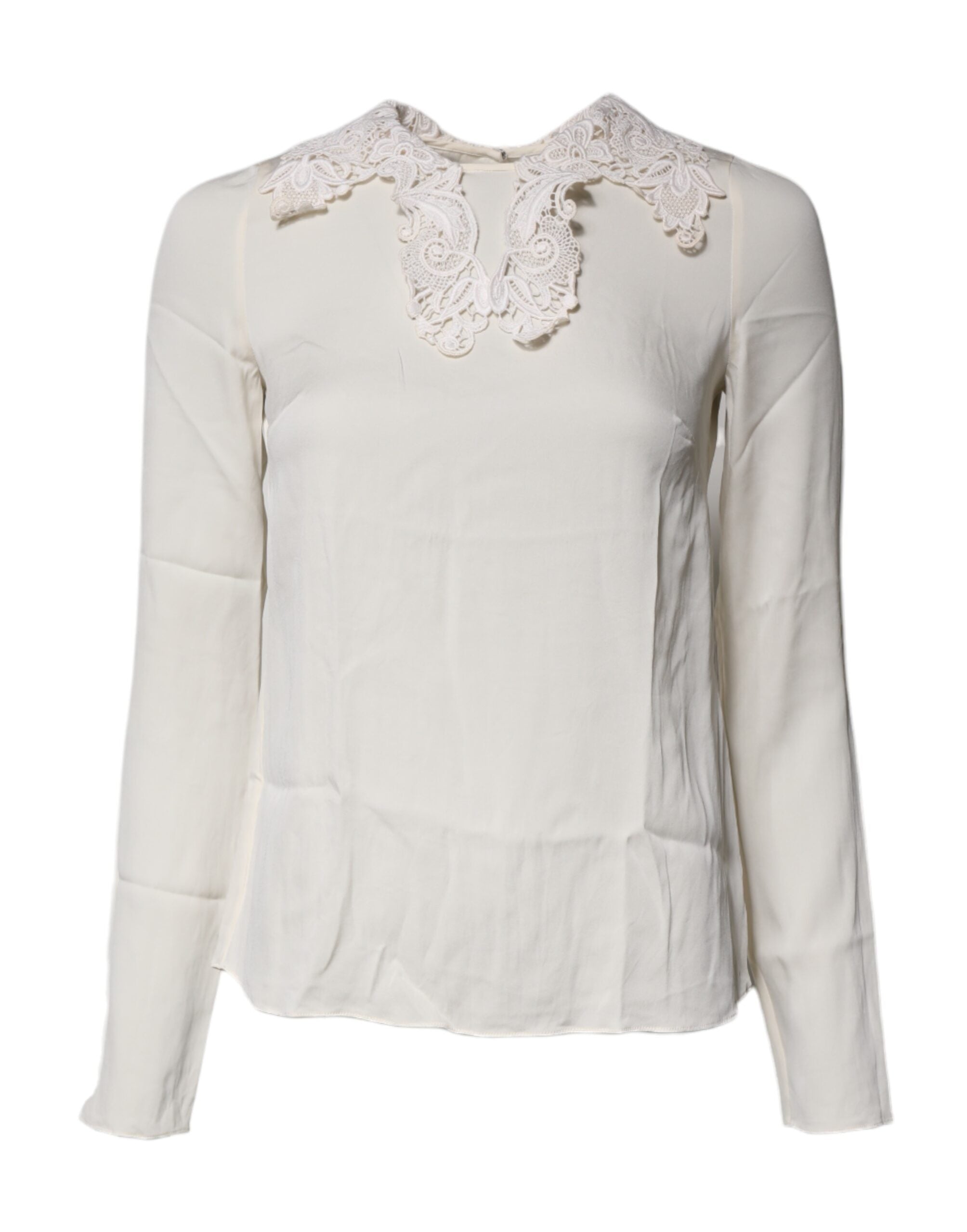 Crèmekleurige Bloemen Kanten Blouse Top met Lange Mouwen