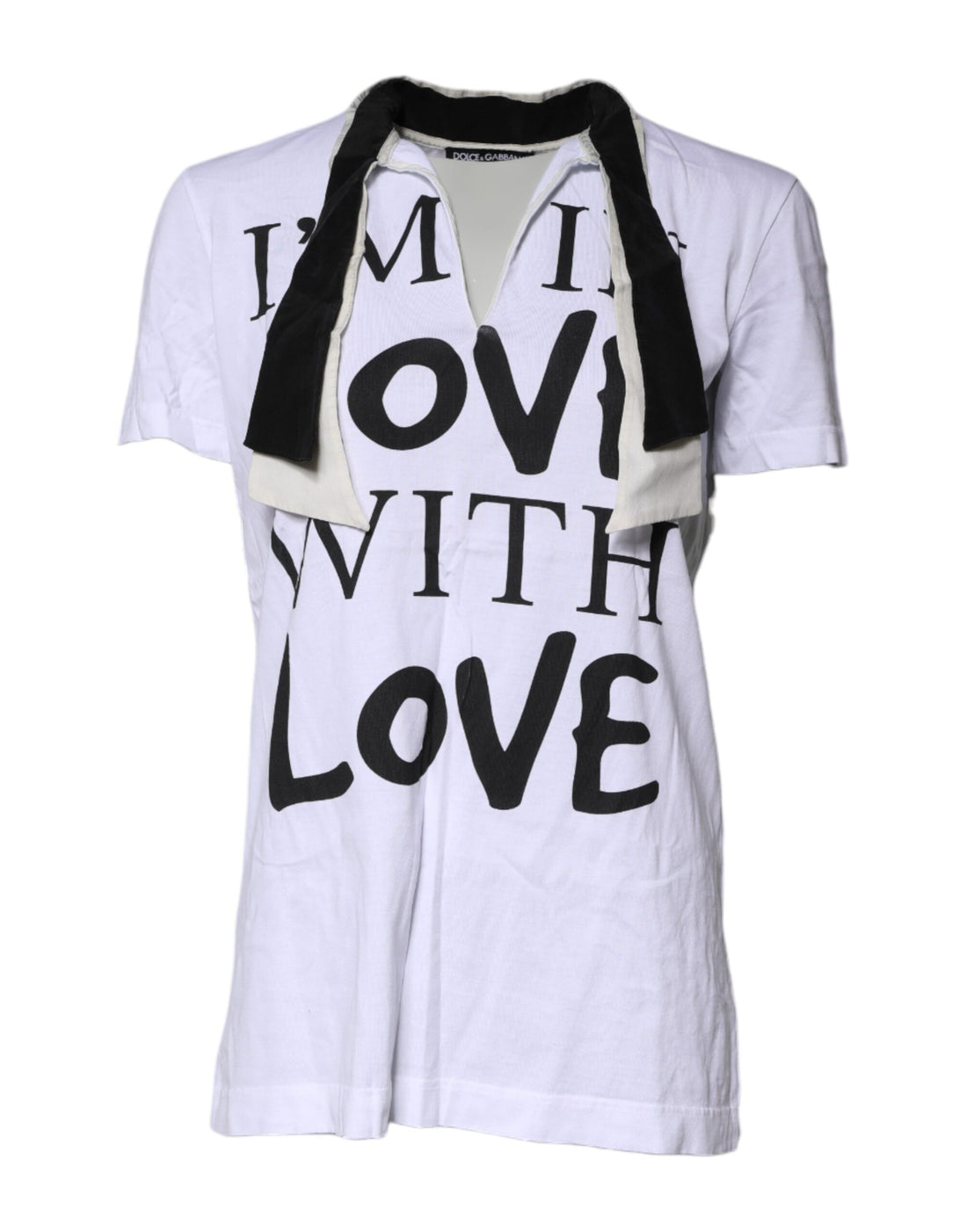 Dolce & Gabbana White Cotton Silk Blend Ascot Collar T-shirt