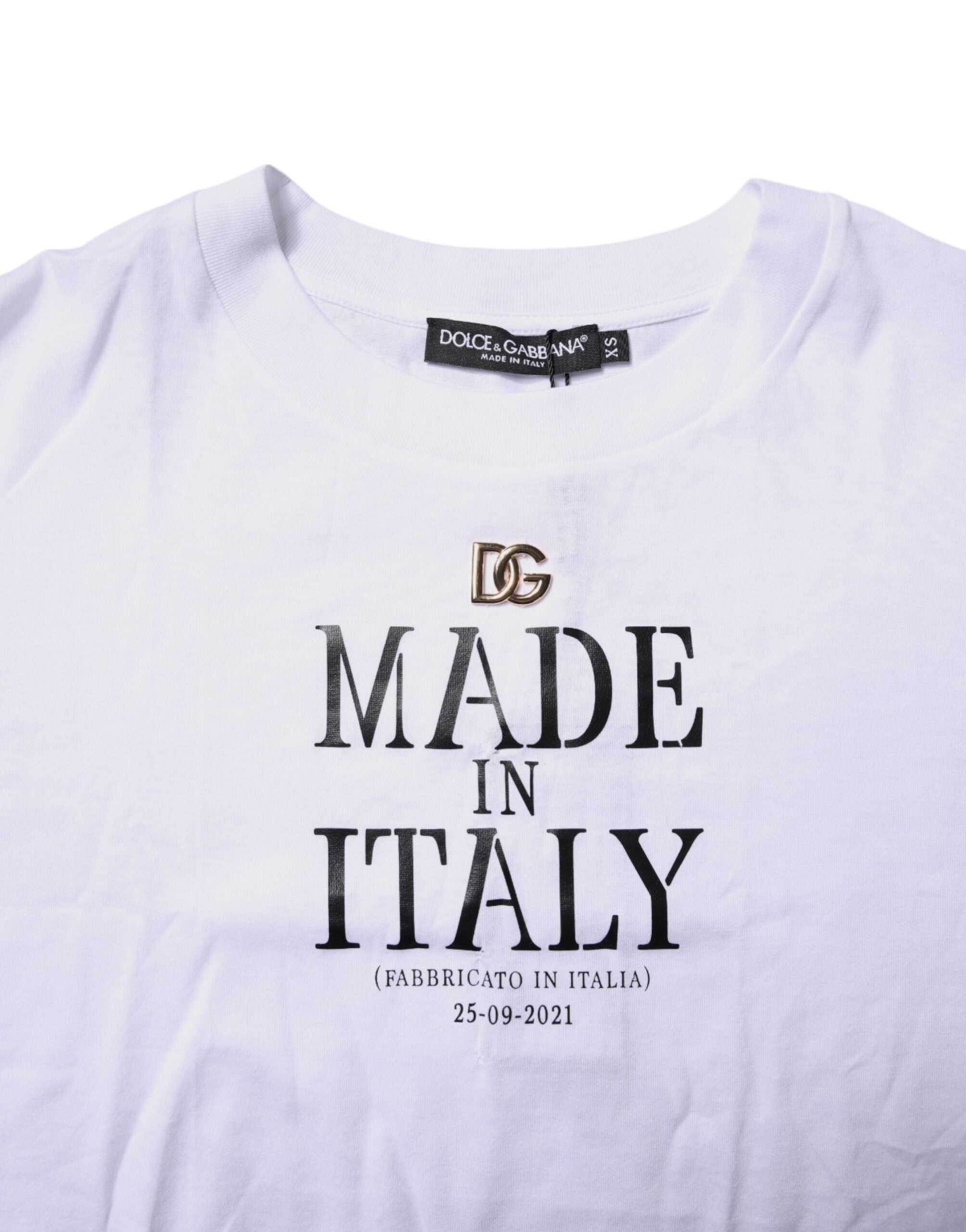Dolce & Gabbana White Printed Round Neck Top Cotton T-shirt