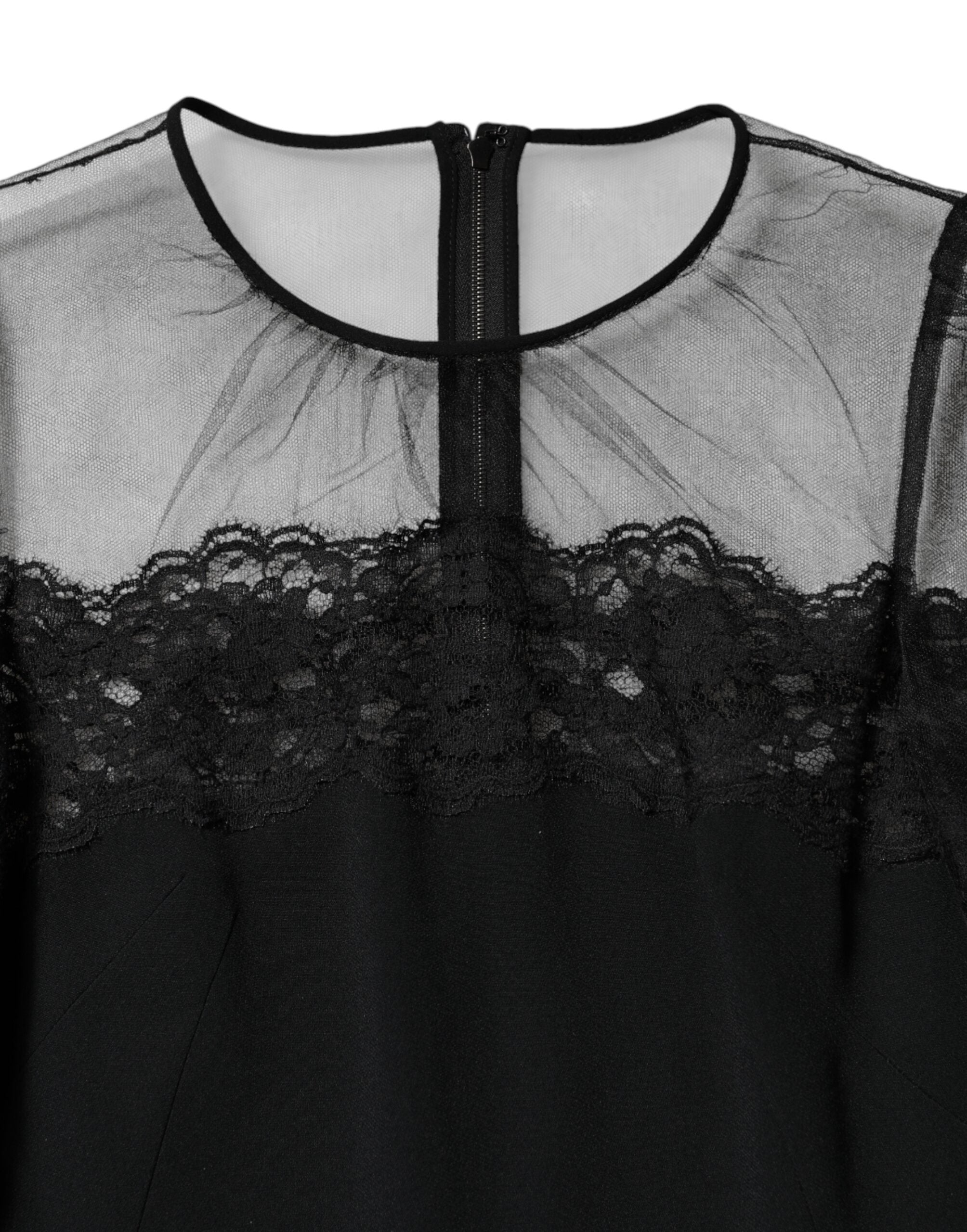 Dolce & Gabbana Black Lace Trim Nylon Tulle Sheath Midi Dress