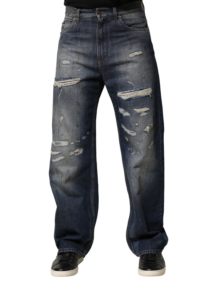 Blauwe Washed Gerafelde Katoenen Herenjeans