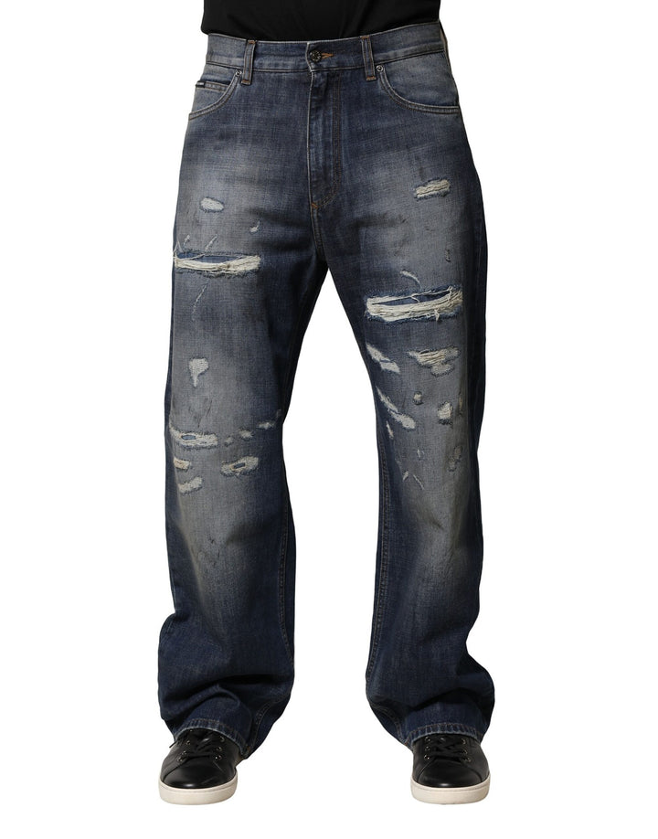 Blauwe Gewassen Verscheurde Katoenen Heren Jeans