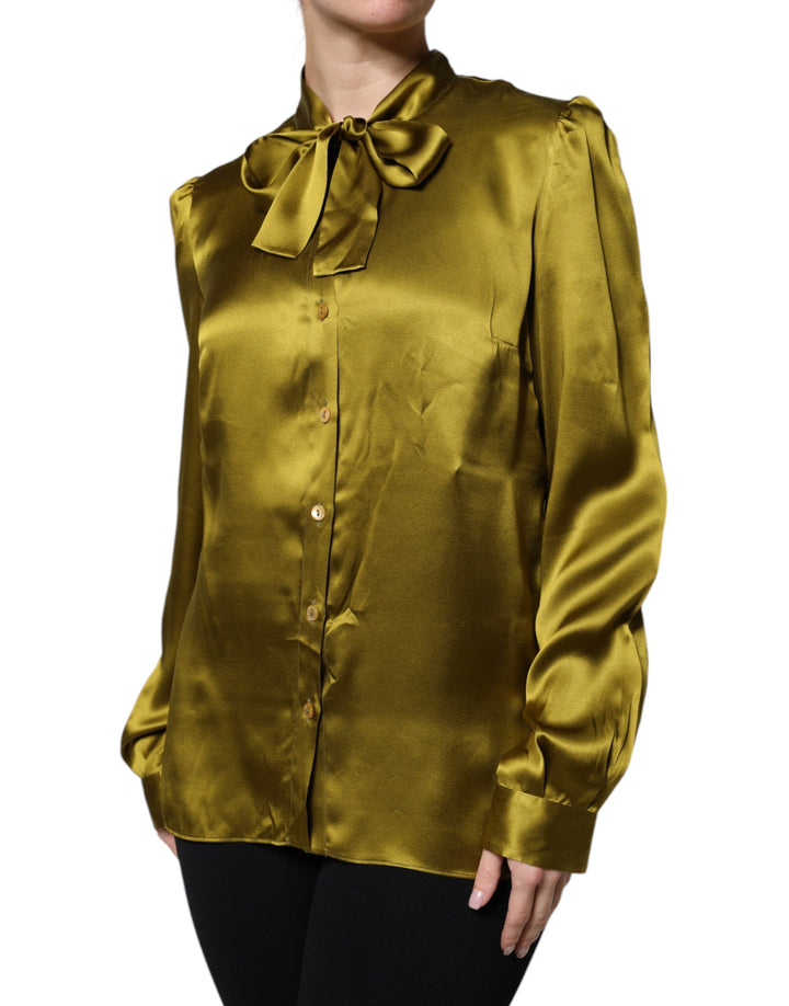 Dolce & Gabbana Green Ascot Collar Long Sleeves Blouse Top