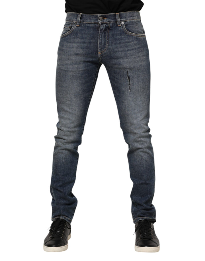 Blauwe Wassen Skinny Jeans voor Heren met Logoplaatje